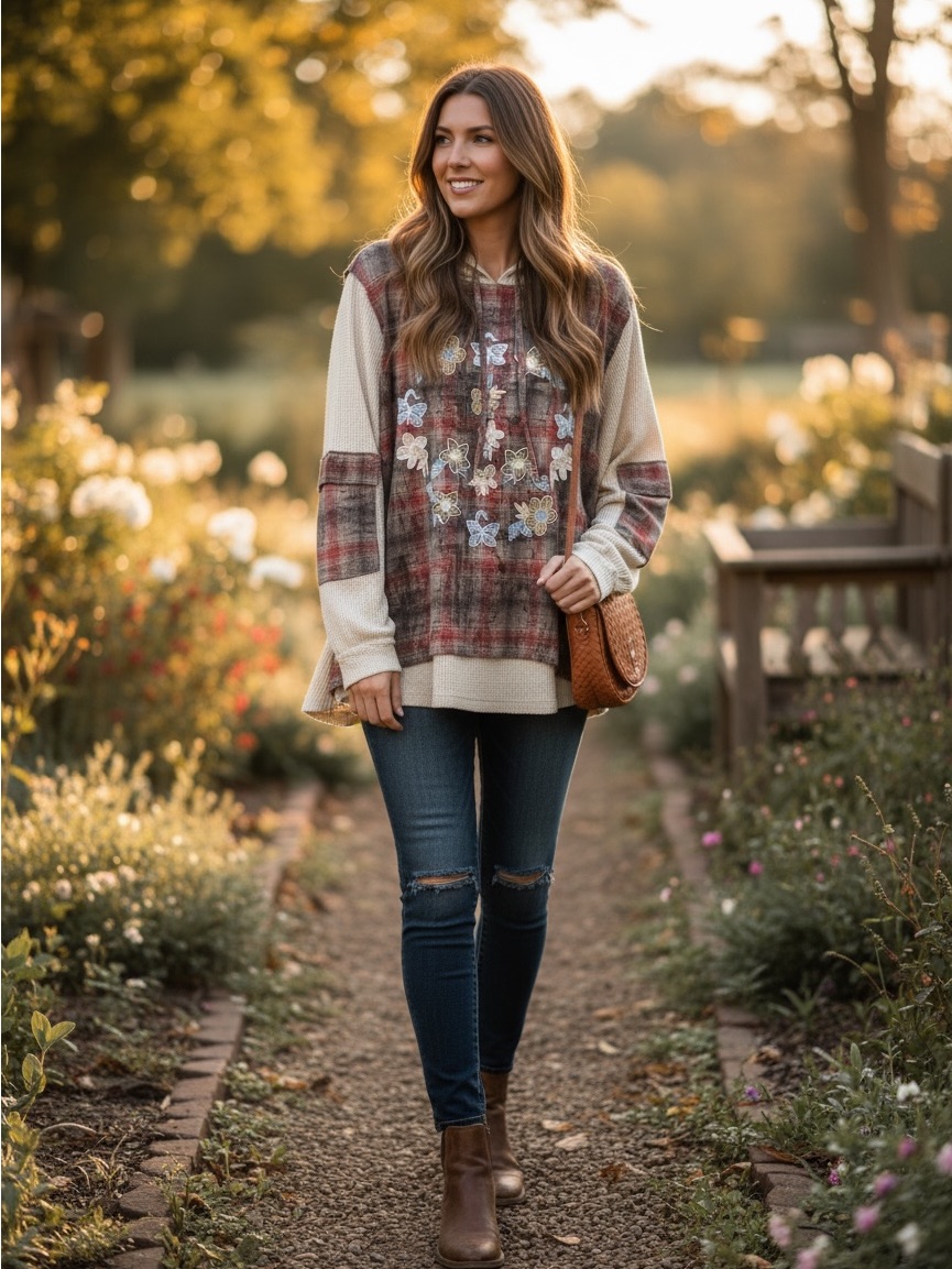160 Nwot Pol Plaid Hoodie With Waffle And Flannel Accents Oversize Size Large